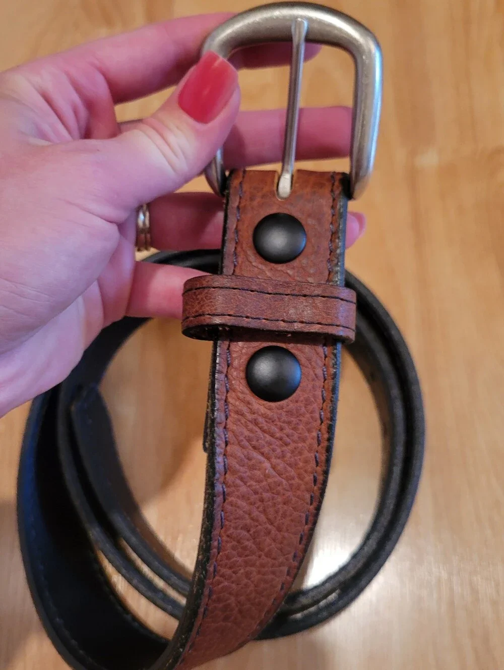 Duluth Trading Co Men's Bison Leather Belt Brown Silver Buckle Size 44